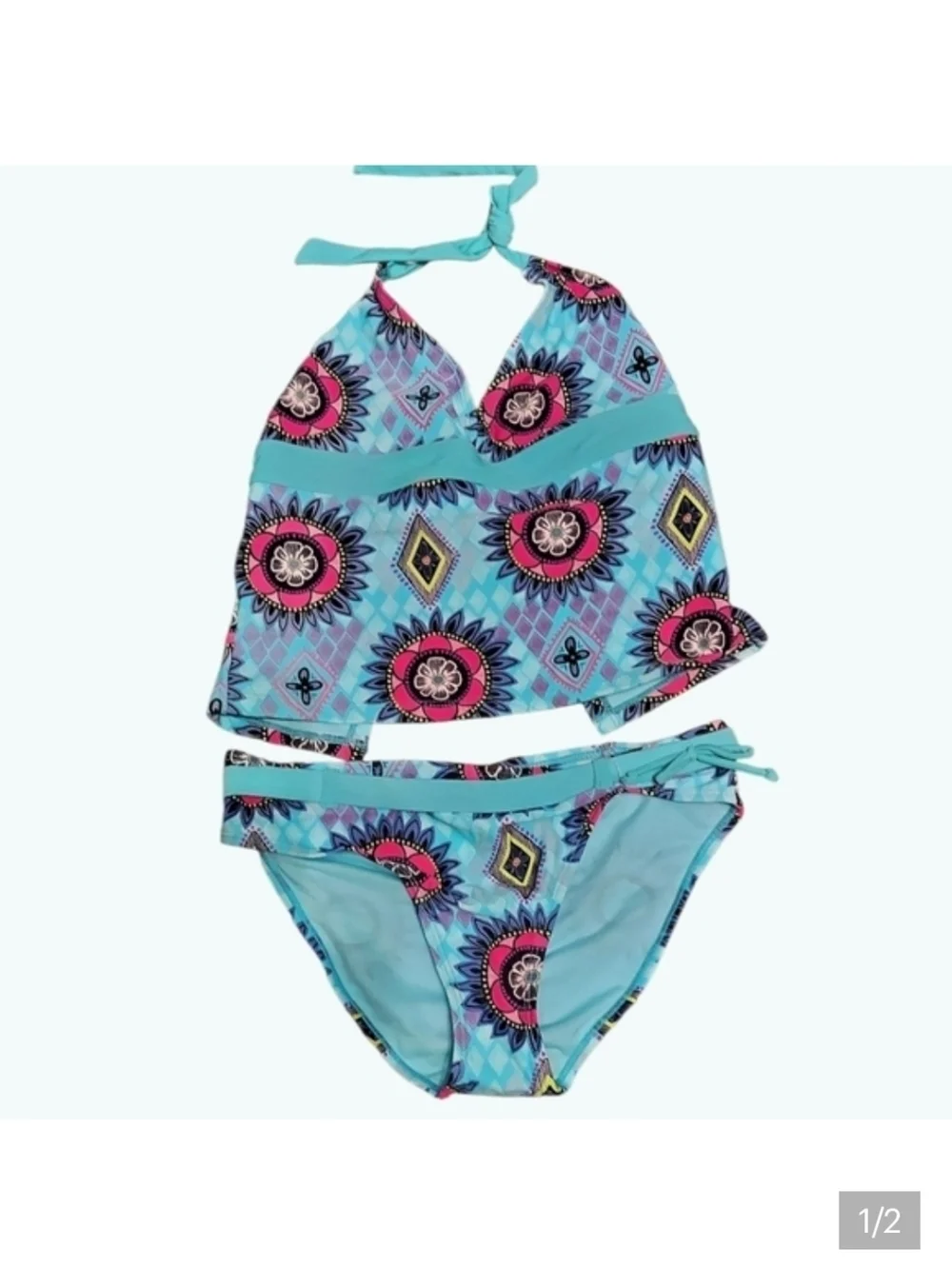 NWT YMI Kids Belted Bikini - Turquoise and Pink Pattern size 14